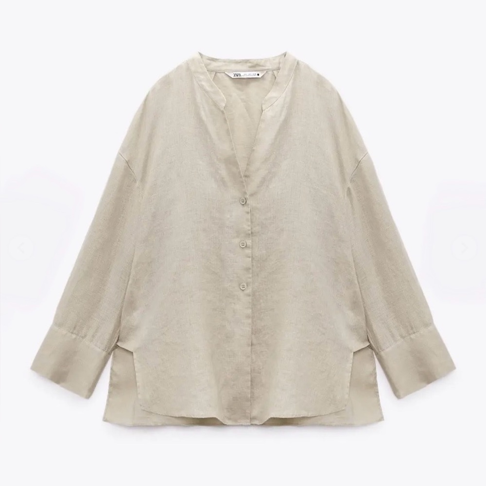 ZARA RELAXED FIT LINEN V NECK SHIRT ASYMMETRICAL HEM RESORTWEAR Beige Tan S